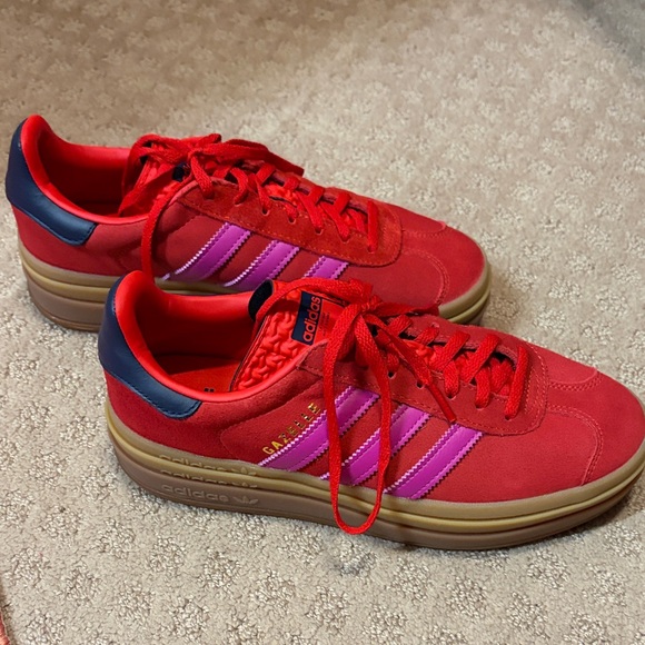 Red Suede Adidas Gazelle Sneakers with Pink Stripes and Navy Accents - Picture 2 of 6